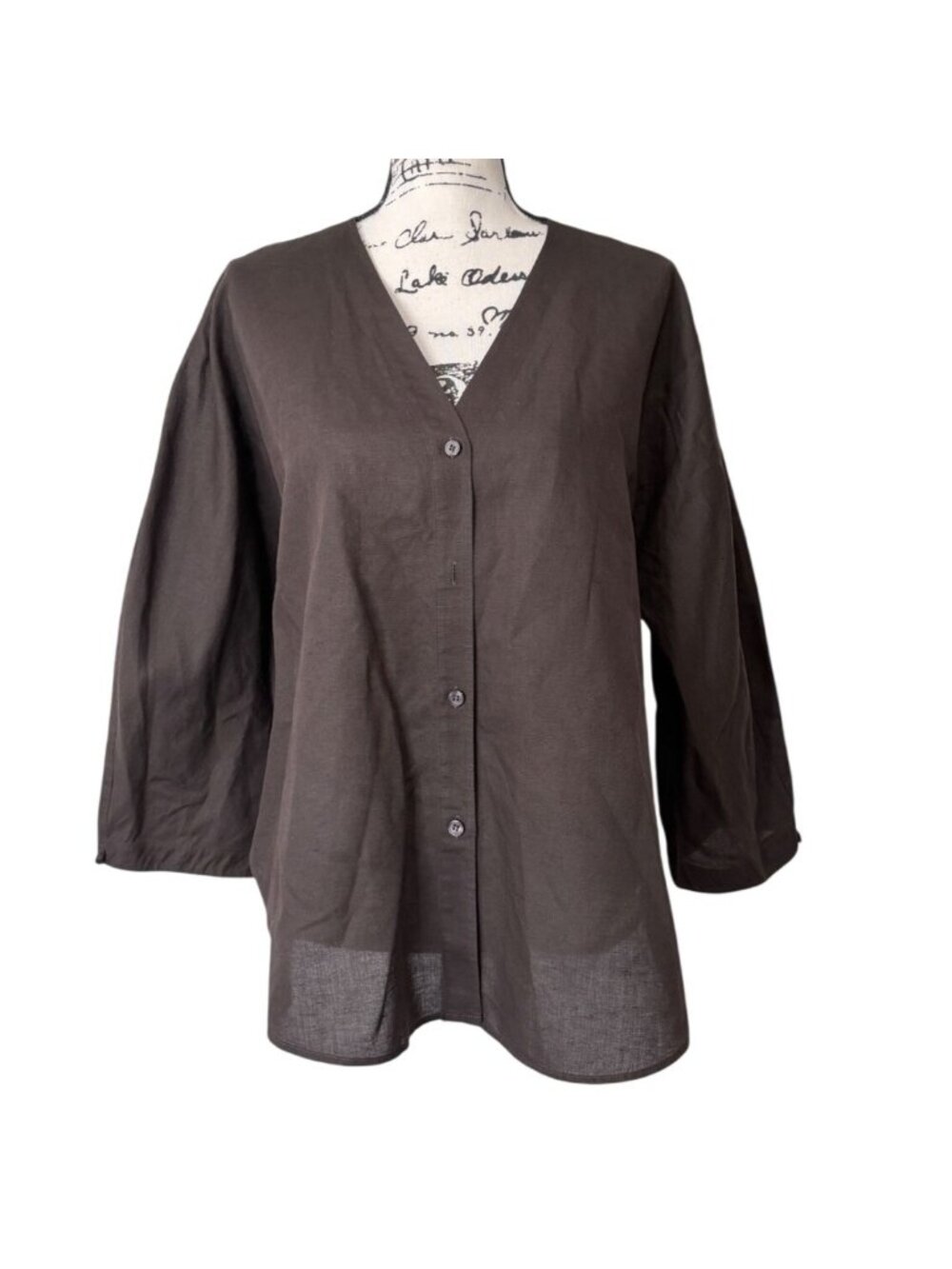 COS  Womens Size M Top Brown V-Neck Button-Up Short Sleeve Linen Cotton